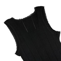 CHANEL Vintage 08P CC Logo Button Ribbed Knit Tank Top #42 Black Silver Cotton
