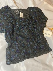 Vtg Laurence Kazar Black Silk Top w Beads & Sequins, sz XL, NWT, C measures