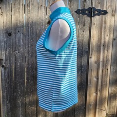 Vintage 80s Idioms Striped Mock Neck Top Teal Blue White Sleeveless Knit Large