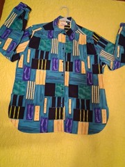 Vintage 80s All Hours Blue/Green/Yellow Long Sleeve Button Front Blouse Sz L