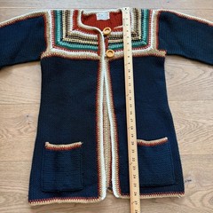 Vintage 70s Chunky Knit Striped Cardigan Navy Boho Geometric Sweater Pockets
