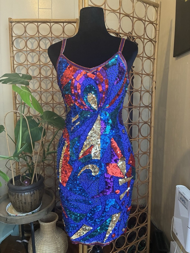 Vtg Alyce Designs Sequin Party Cocktail Dress Size 4 Fran Drescher Style 80’s