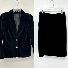 vintage 70s 2 PIECE VELVET SUIT black S M skirt jacket rhinestones office siren