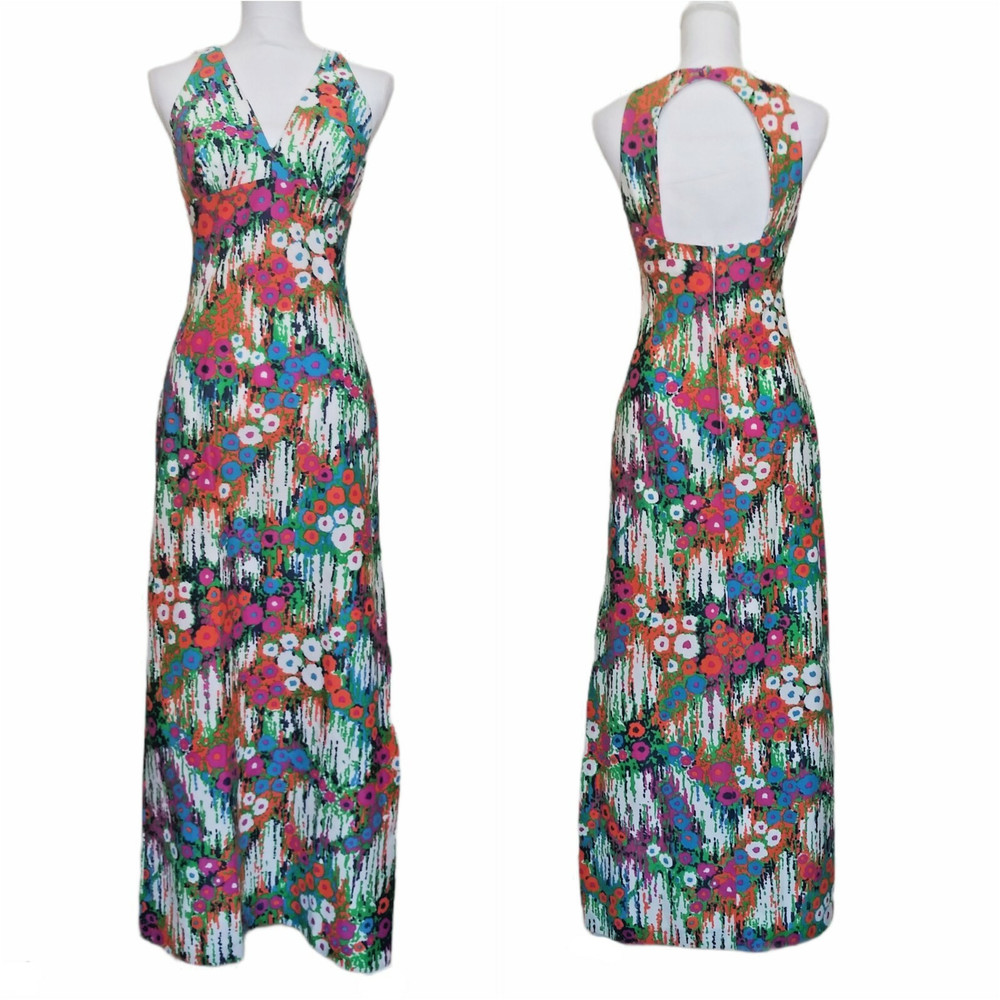 Vtg 60s Jack Hartley Maxi Dress Floral Print Sleeveless Open Back S