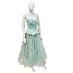 Vintage 1950s Blue Cupcake Party Dress – Strapless Tulle Prom Size XXS 24” Waist