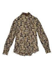 Prada Fall 1996 Retro U Print Brown Silk Chiffon Button Shirt IT 46 Vintage