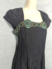 Vtg Carole Little Black Dress 6P Art Deco Coset Back Gold Turq Embroidery Boho