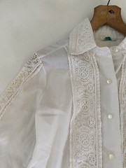 VTG 70s XS / Small Ivory White Sheer Blouse Long Sleeve Cotton Lace Majorette