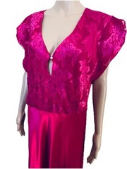 VTG Jenelle of California Fuchsia Hot Pink Floral Satin Long Nightgown Plus 1X