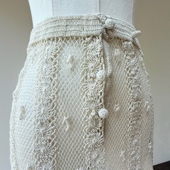Vintage Hand Crochet Ivory Cotton Lace Maxi Skirt with Rosette Details