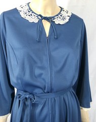 Vintage 70s Toni Todd Lace Collar Blue Lounge House Dress Belted Plus XXL