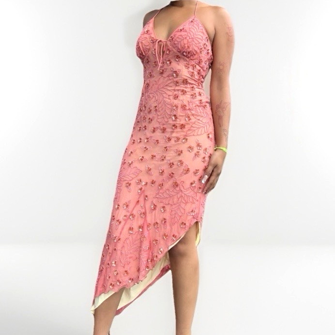 Vintage Sean Collection Cache Asymmetrical Dress Bead Sequin Y2K 90s Halter Silk