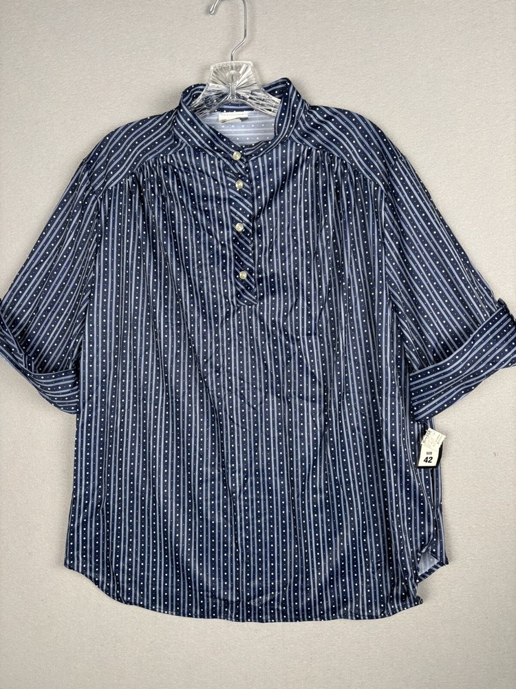 Vintage 80s Lind Clare Womens Blouse 42 Blue Half Sleeve 1/4 Button Up Top 3716