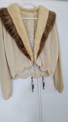 Vintage 1960’s Ivory Cashmere Real Fur Collar Sweater Satin Buttons FAB