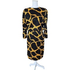 Saint Romei Vintage 100% Silk Giraffe Print Midi Dress Yellow Black Womens 10
