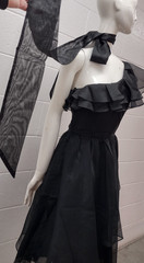 1970s Disco Cocktail Dress Off The Shoulder Black Organza Sheer Belted Early 80s