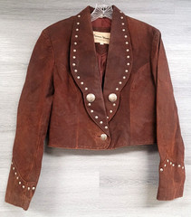 WOMENS PIONEER WEAR LEATHER JACKET BURNT ORANGE CROPPED WESTERN CONCHO LARGE