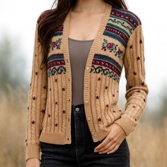 Jantzen VTG Embroidered Fair Isle Boho Cardigan Sweater Women M Tan Cable Knit