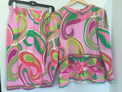 Vintage 1980s PIA RUCCI 2 pc 100% Silk Designer Pop Art Geometric 8 Pink Green