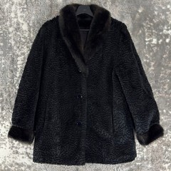 Hillmoor Size L Vintage Faux Persian Lamb Fur Trim Mid-Length Coat Black Women