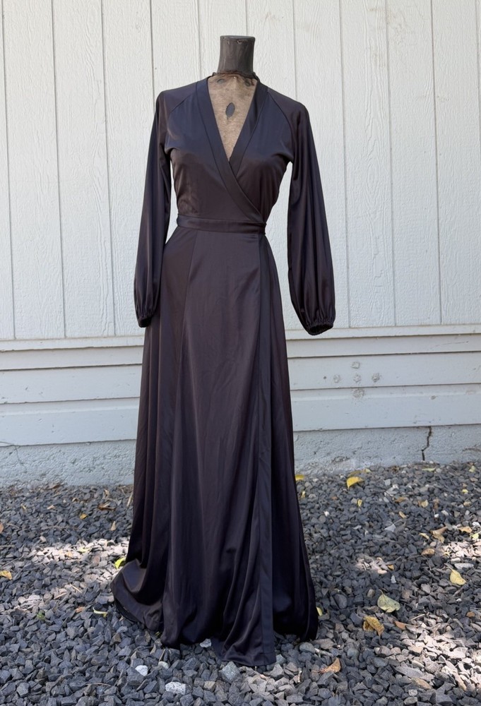 Vintage 70s Miss Dior Black Nylon Wrap Maxi Dress Disco Goth Boho Medium