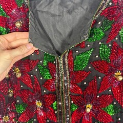Vintage Laurence Kazar XL Red Sequin Poinsettia Silk Beaded Christmas Jacket