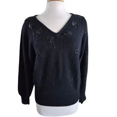 Vintage Saks Fifth Avenue Black Angora Lambswool Beaded V-Neck Sweater Large