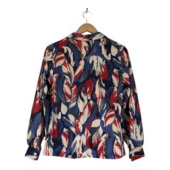 Vintage Feather Print Blouse 1970s Button Collared Red white blue Size Medium