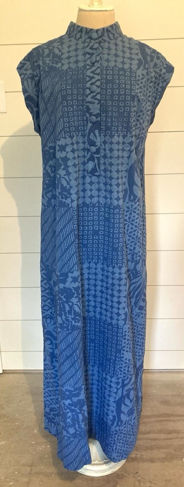 Vntg 1990s Hawaiian muumuu maxi dress peasant dress blue patchwork print XL B 48