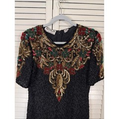 VTG Scala Silk Fully Beaded Sequin Cocktail Dress Floral Black Size Medium