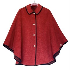 Vtg Wool Cape Red Black Reversible Tartan Plaid Cloak Austrian Buttons Poncho