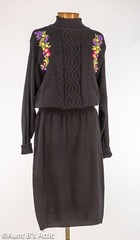 Vintage 80 s Silvercord Patterned Acrylic Knit Sweater Dress Black W/ Flowers Lg