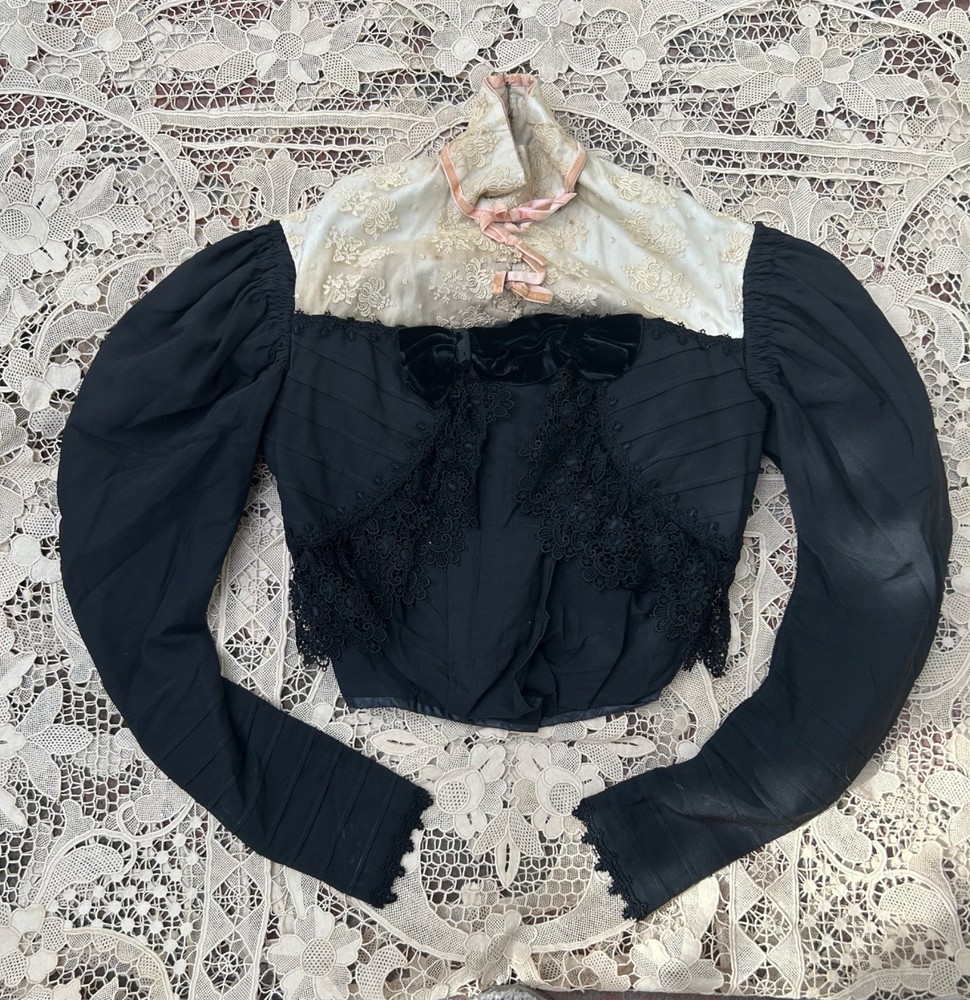 Antique Edwardian Black Lace Bodice Dress PRISTINE XXS Victorian Shirt Waist