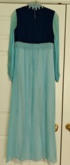 Vintage Navy Blue Velvet Bodice Lace Trim Maxi Dress w Chiffon Sleeves Skirt As