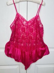 Vtg Teddy Camisole Pink Semi Sheer Lacey Sz 34 36 Step In Flutter Romper Nightie