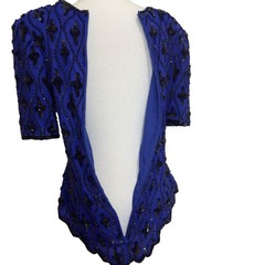 Vintage Laurence Kazar Silk Beaded Sequin Evening Top Blue Cocktail Blouse