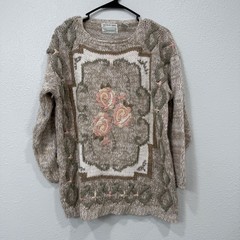 Shenanigans Vintage Hand Knitted Floral Sweater Beige Ramie Blend Cottagecore M