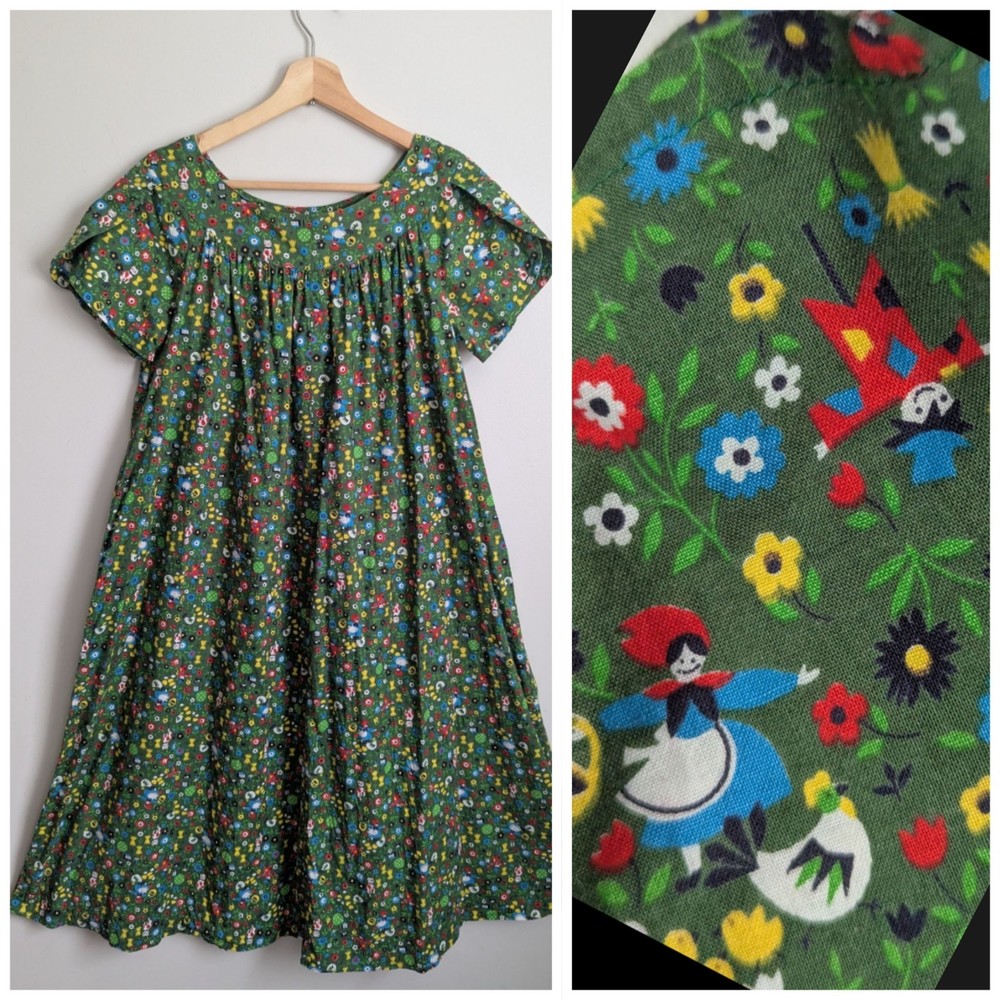 Vtg 60s Novelty Print House Dress Muumuu CHARMING Fabric Retro Farm S Pristine