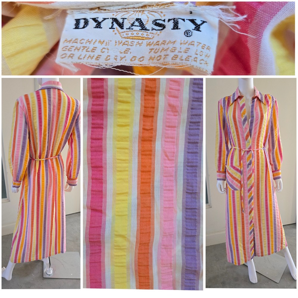 VTG 60s 70s Dynasty Psychedelic Mod Maxi Striped House Dress Robe Beach Coverup