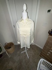Vintage Liz Claiborne Cream Satin Tuxedo Style Pleated Blouse