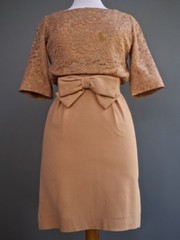 VTG 60s Pin Up Bombshell Party Cocktail Dress Lace Bodice Bow In Front XS S