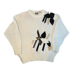 Anytime Glitz Vintage Knit Sweater Womens Medium Cream Faux Leather Applique 80s