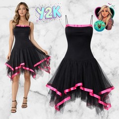 Kiki USA Womens XL Vintage Y2K Black Pink Tulle Drop Waist Handkerchief Dress