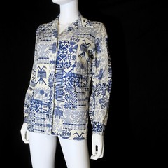 Vintage Devon 70s Atomic Funky Geometric Op-Art Disco Mod Polyester Shirt Small
