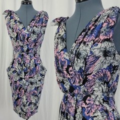 Vintage Joni Blair Black/Pink/Purple/Grey Floral Dress w Button Down Back Size 5
