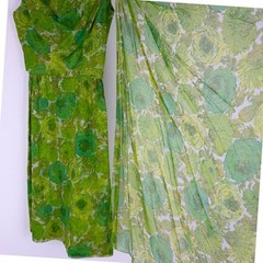 60s Green Floral Chiffon Scarf Dress Draped Cowl Neck Sheath Cocktail Waist 23″