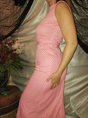 VTG PINK 70S RETRO MOD POLKA DOTS BELT MAXI DRESS SLEEVELESS 40 PIN UP