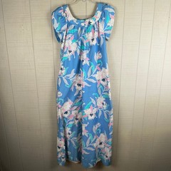 Vintage Kahala Hawaiian MuuMuu 10 Maxi Dress Blue Pastel Print Cotton