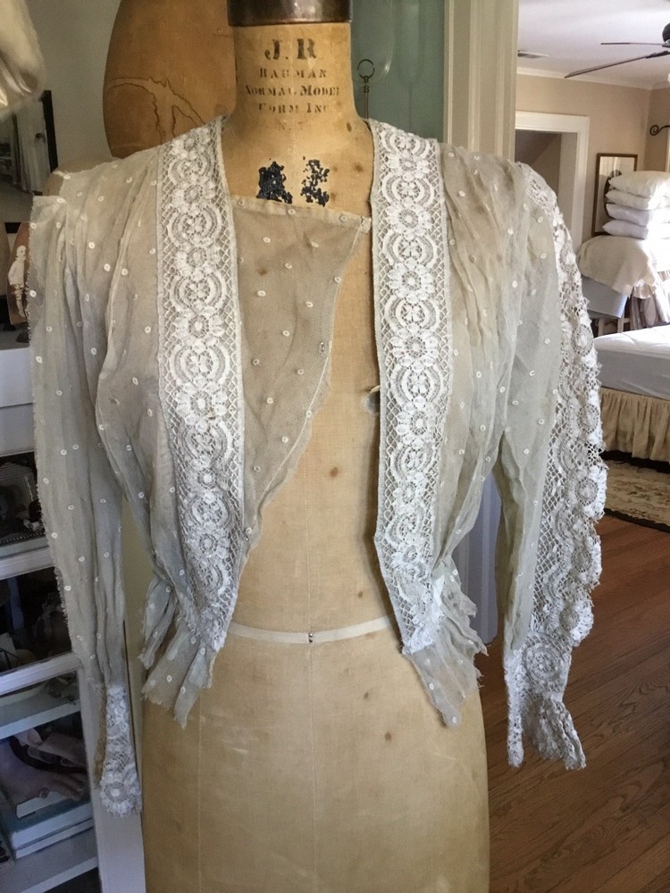 Antique Vintage Edwardian Victorian Net Blouse Lace Detail Ecru Student AS IS