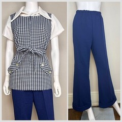 Vintage 1970s Double Knit Short Sleeve Pant Suit Polyester Tunic Bell Bottom 70s